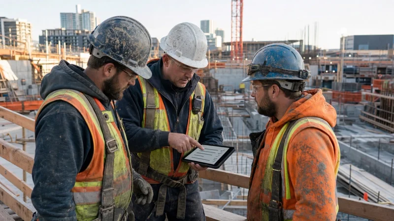 Three construction workers completing a field level hazard assessment on a tablet before work begins