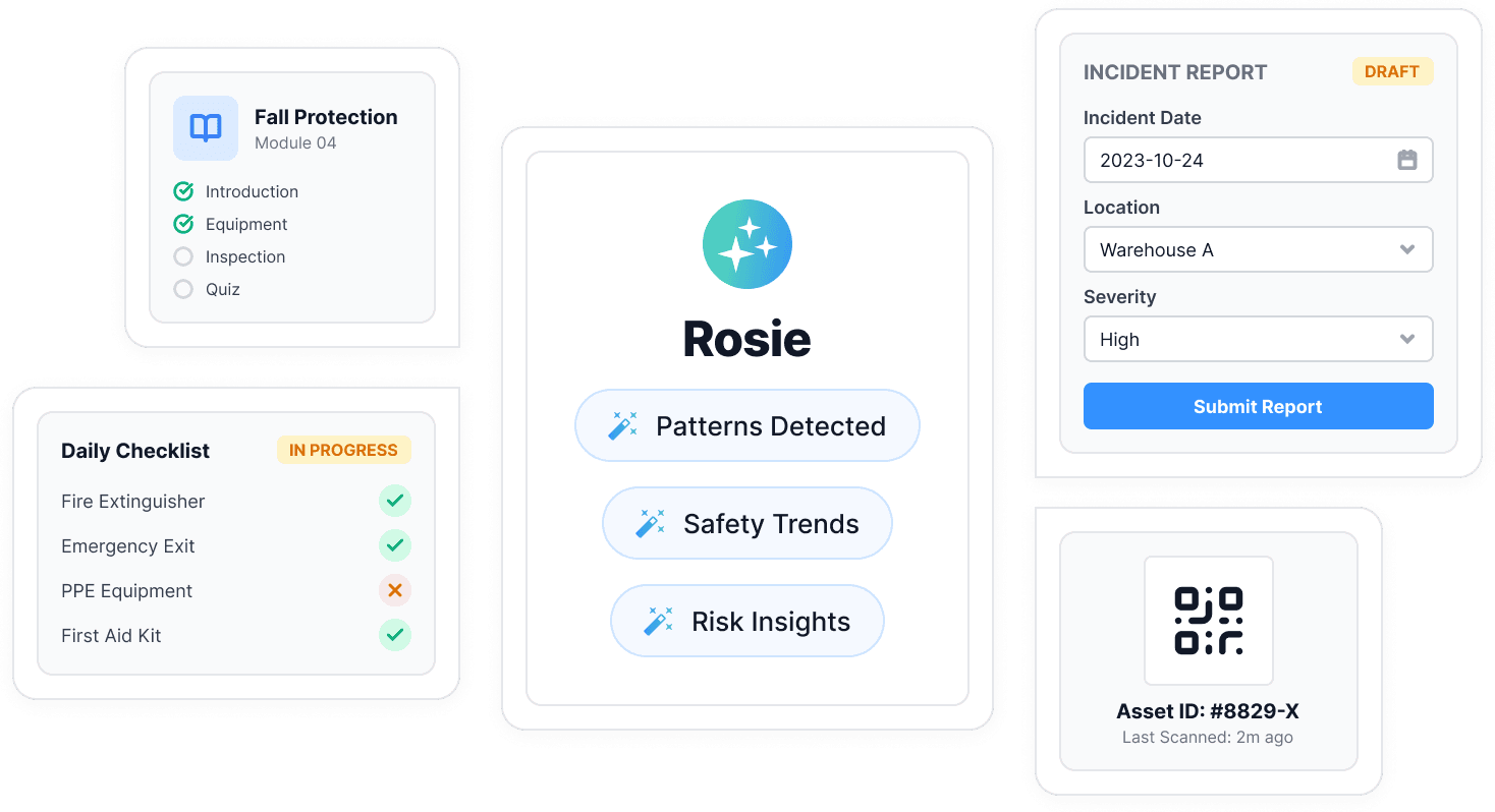 Rosie, l’assistante IA pour l’administration et la gestion des risques dans SALUS, entourée des dossiers de terrain connectés qu’elle consulte