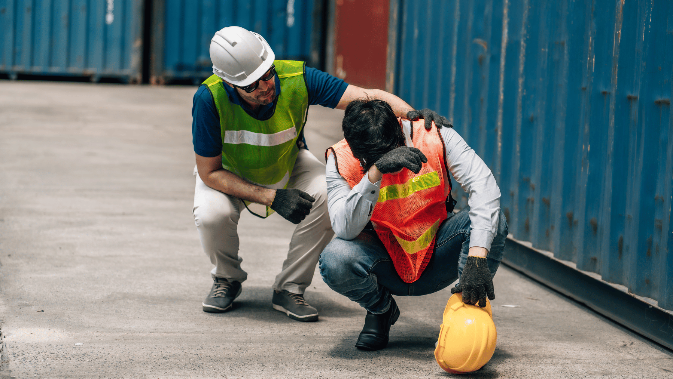 Construction worker checking on a seated coworker after an incident