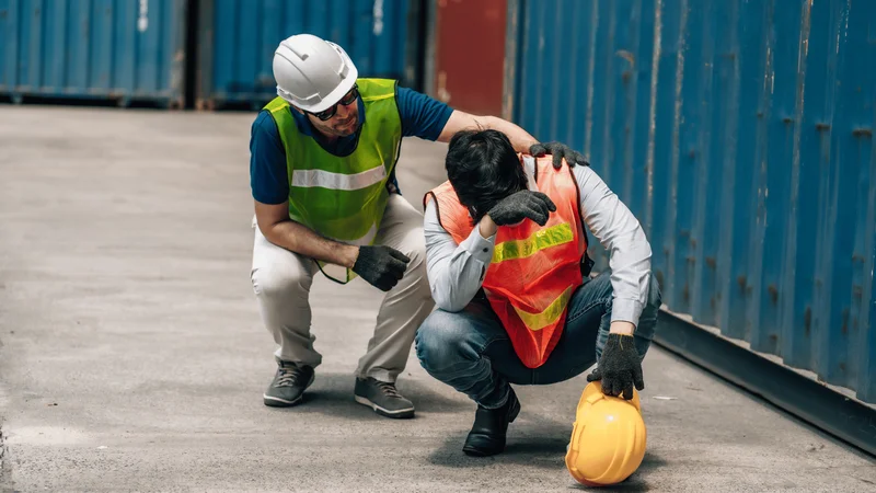 Construction worker checking on a seated coworker after an incident