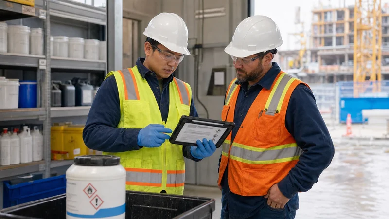 Two construction workers reviewing a safety data sheet beside safely stored hazardous products