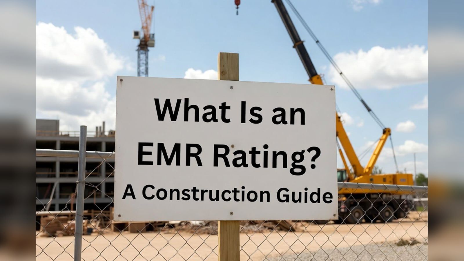 Construction site sign reading "What Is an EMR Rating? A Construction Guide"