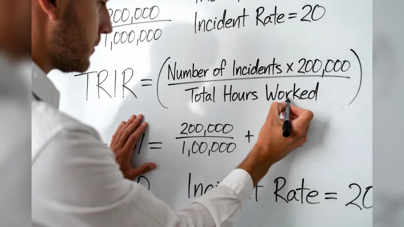 Safety professional writing the TRIR incident rate formula on a whiteboard