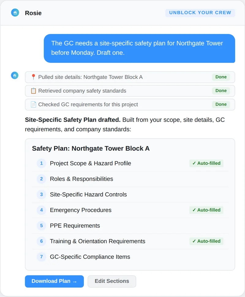 Rosie drafting a complete site-specific safety plan from multiple sources, ready to send