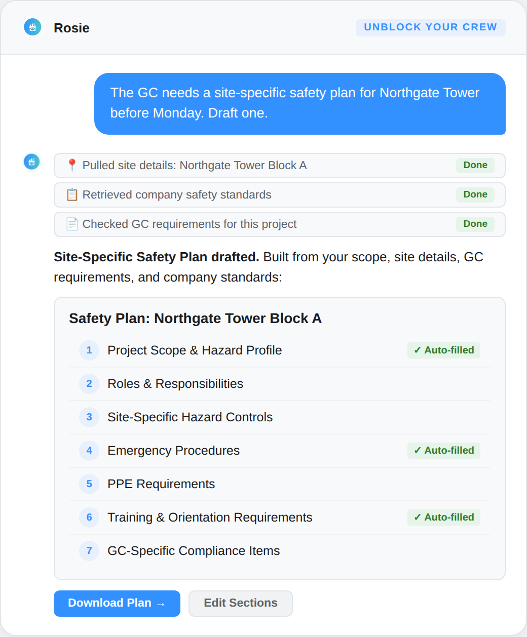 Rosie drafting a complete site-specific safety plan from multiple sources, ready to send
