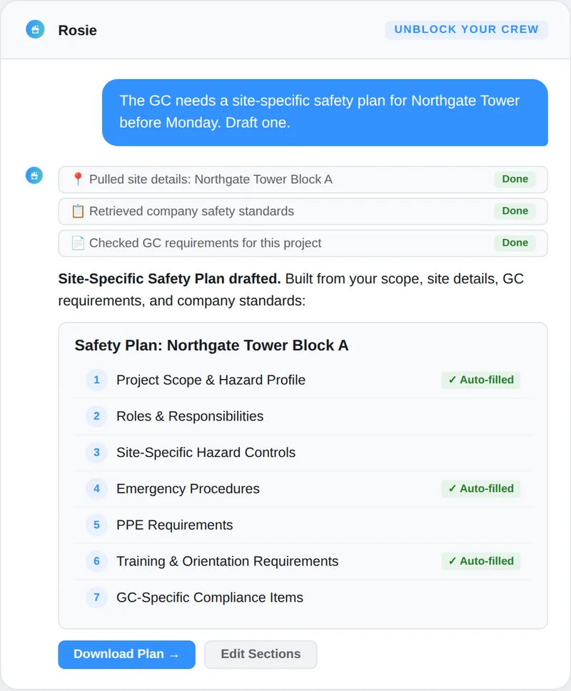 Rosie drafting a complete site-specific safety plan from multiple sources, ready to send