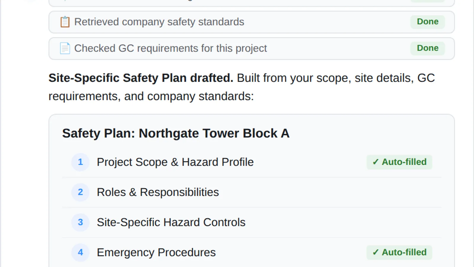 Rosie drafting a complete site-specific safety plan from multiple sources, ready to send