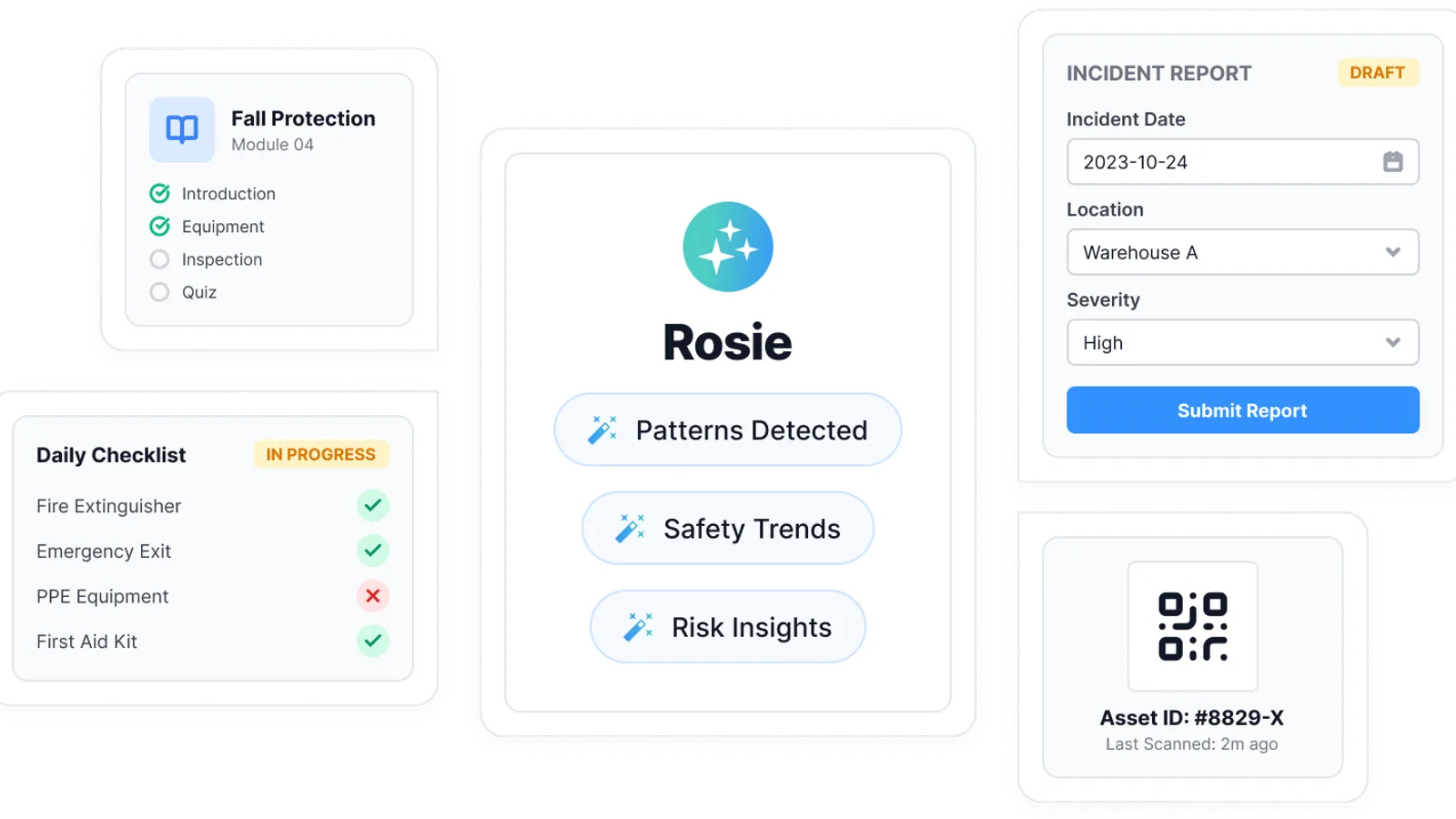Rosie, the AI Admin & Risk Assistant inside SALUS, surrounded by the connected field records she reads