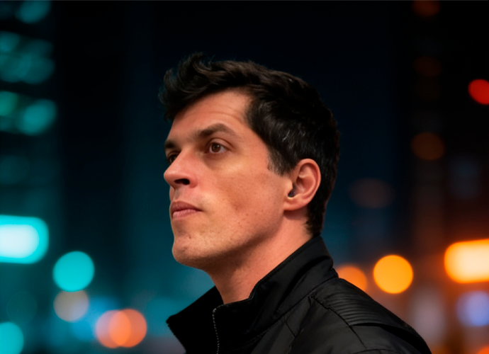 Caio Andrade, do projeto Earstrip, em retrato de perfil com jaqueta preta, diante de luzes urbanas desfocadas em tons de azul e laranja.