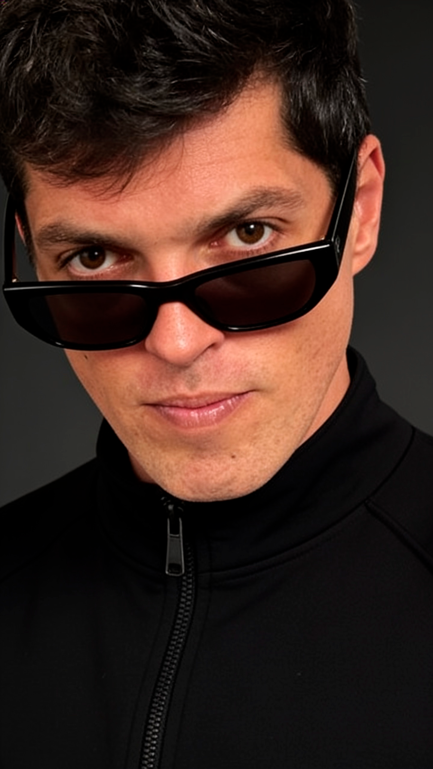 Close de Caio usando casaco preto e óculos 