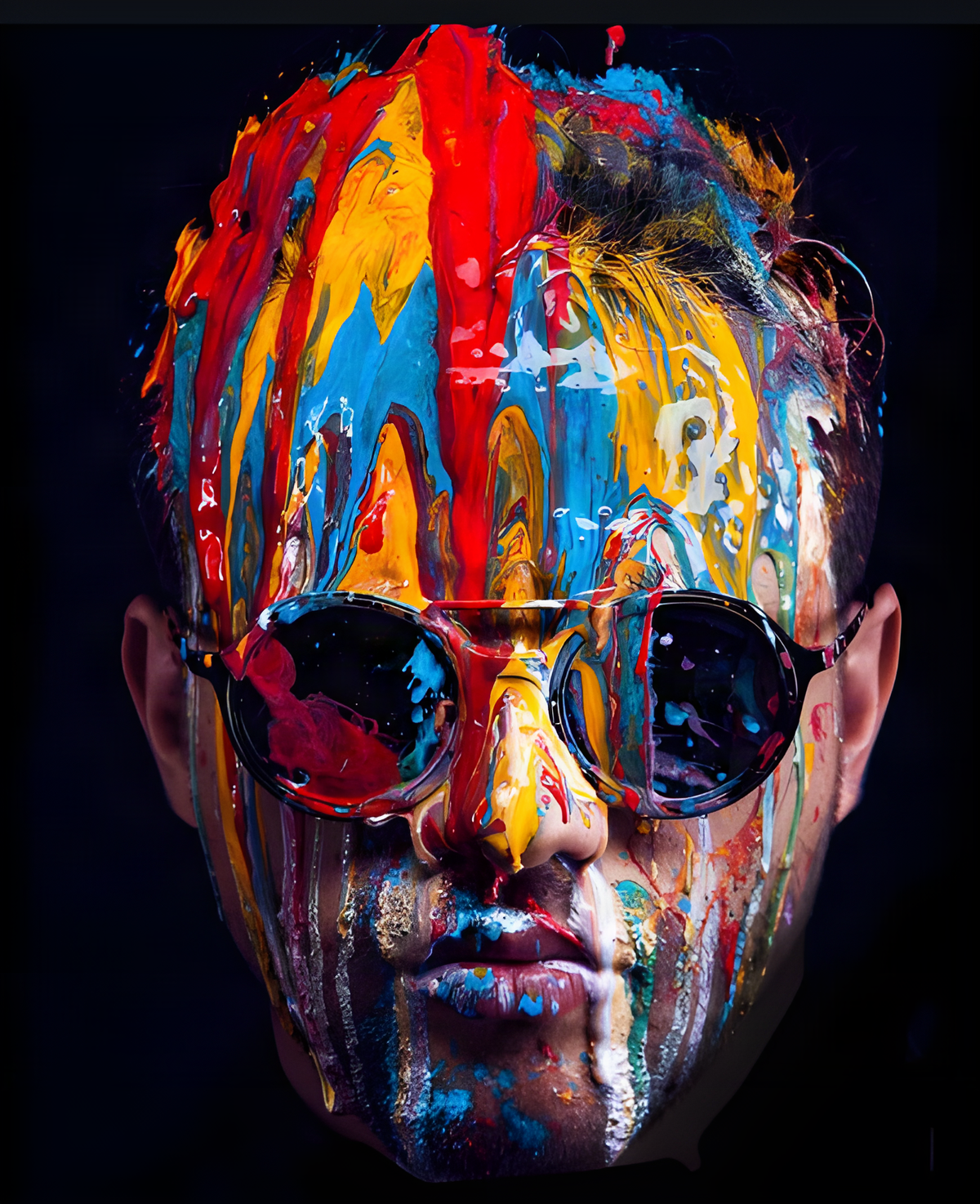 Retrato artístico de Rushö com óculos escuros e pintura multicolorida em tons de vermelho, amarelo, azul e branco sobre o rosto, contra fundo preto.