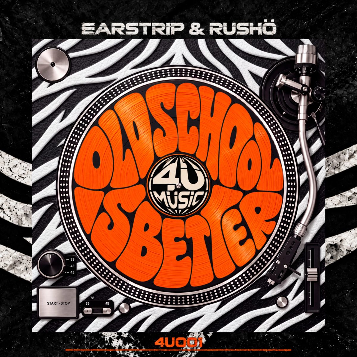 Capa de Old School is Better, de Earstrip & Rushö, com toca-discos preto, padrão gráfico zebrado em preto e branco, lettering laranja sobre o vinil e logotipo da 4Ü Music Lab no centro.