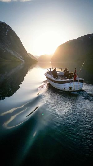 The Skager boat on Lake Jølstravatnet at sunset
