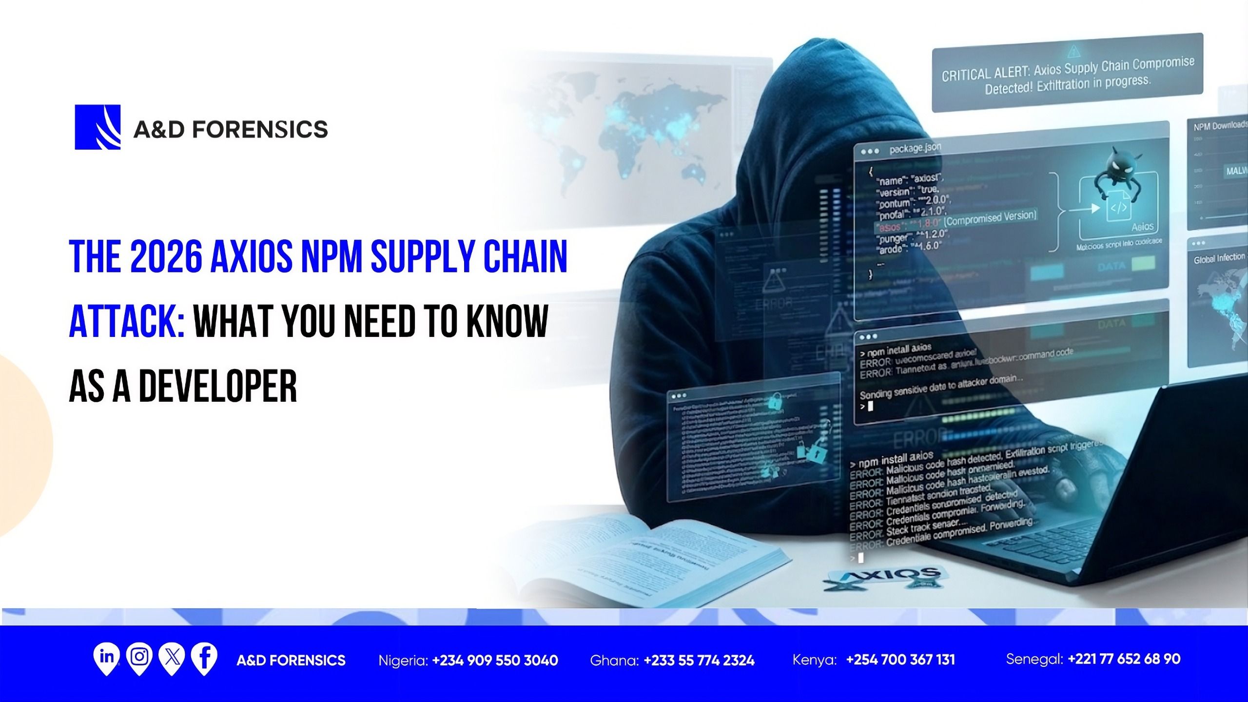 A&D Forensics ad: "The 2026 Axios NPM Supply Chain Attack" with a hooded hacker on a laptop and code screens.