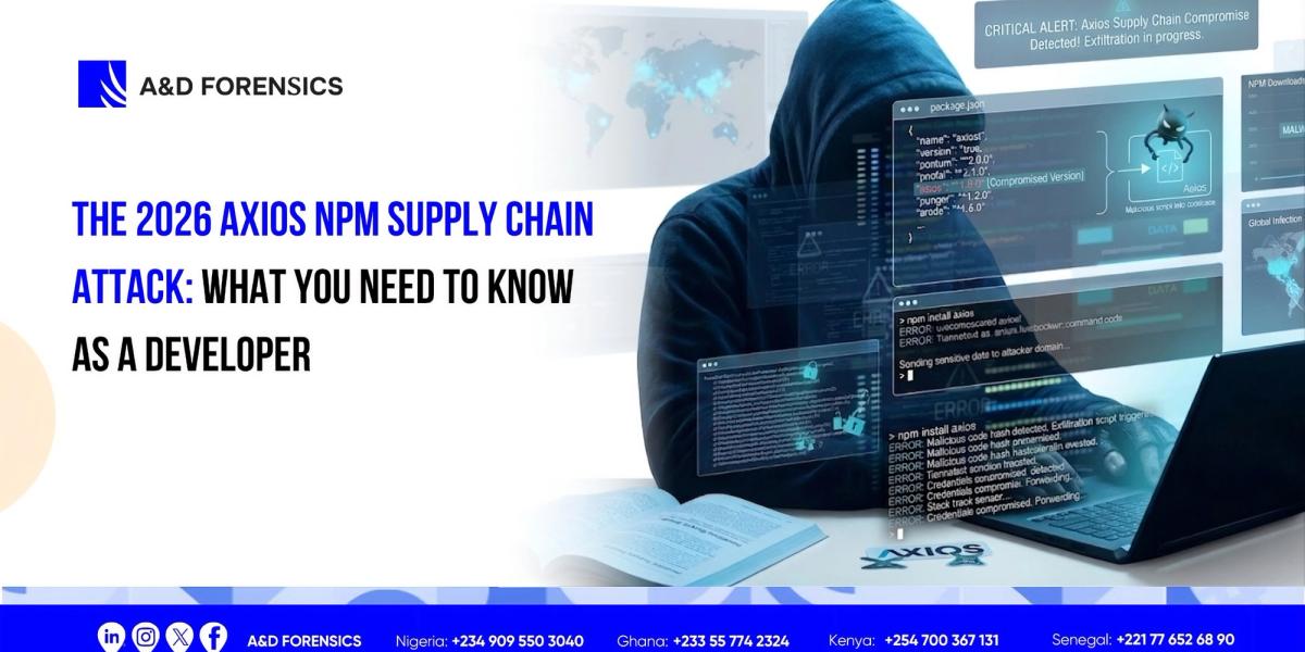 A&D Forensics ad: "The 2026 Axios NPM Supply Chain Attack" with a hooded hacker on a laptop and code screens.