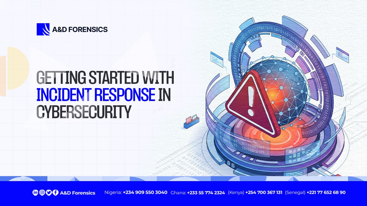 Promotional graphic for A&D Forensics: "Getting Started with Incident Response in Cybersecurity," featuring a network globe and a red warning triangle.