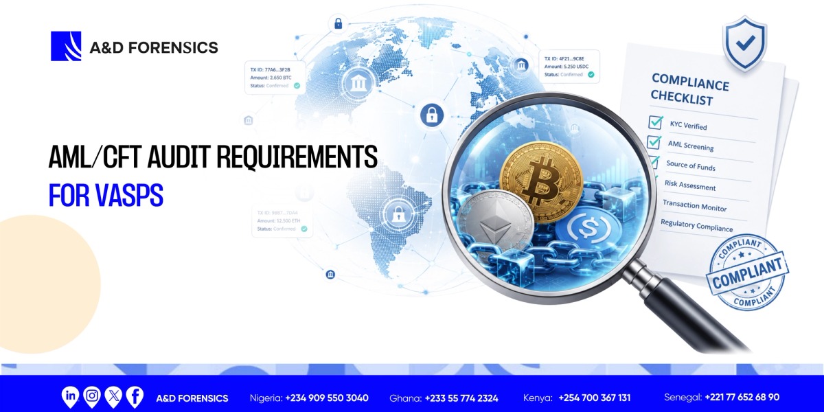 A&D Forensics ad for AML/CFT audit requirements for VASPs, featuring cryptocurrencies under a magnifying glass, a compliance checklist, and a global network map.