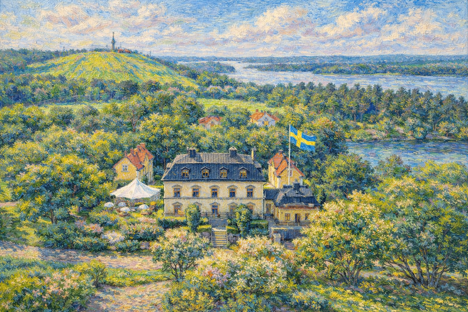 Gult stort herrgårdsliknande hus