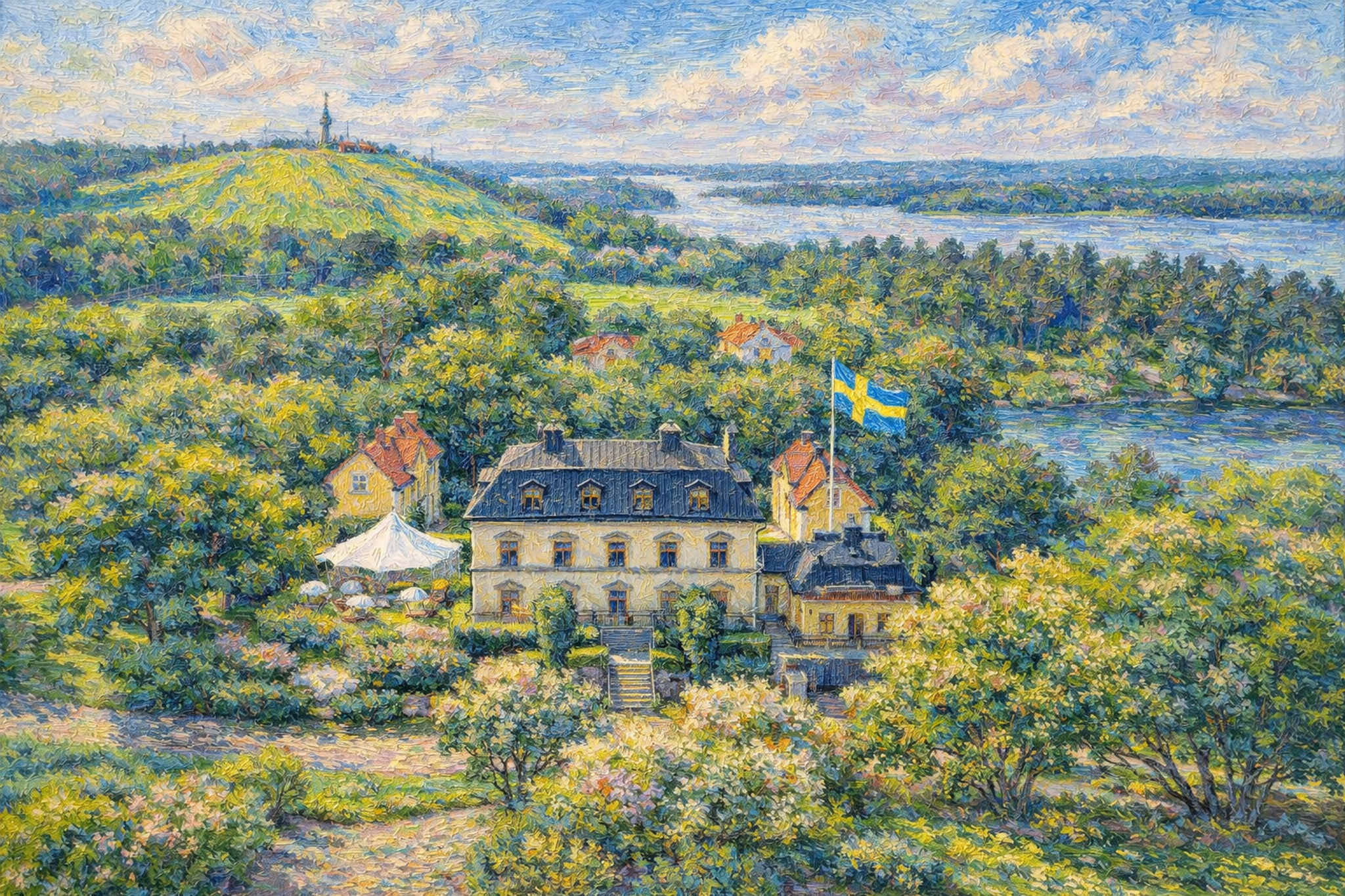 Gult stort herrgårdsliknande hus