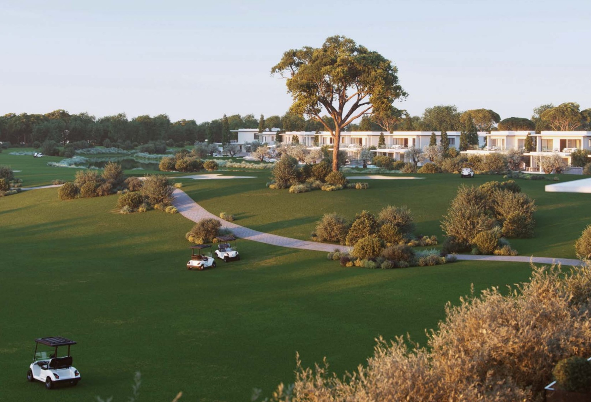 Golfbana med golfbilar och boende