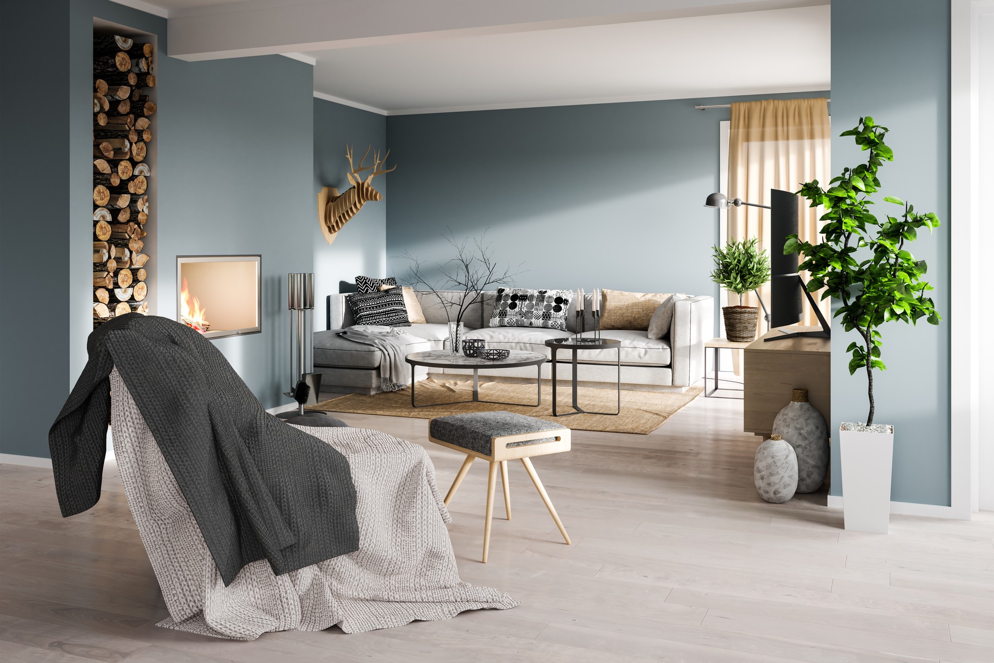 Vardagsrum med blåa toner