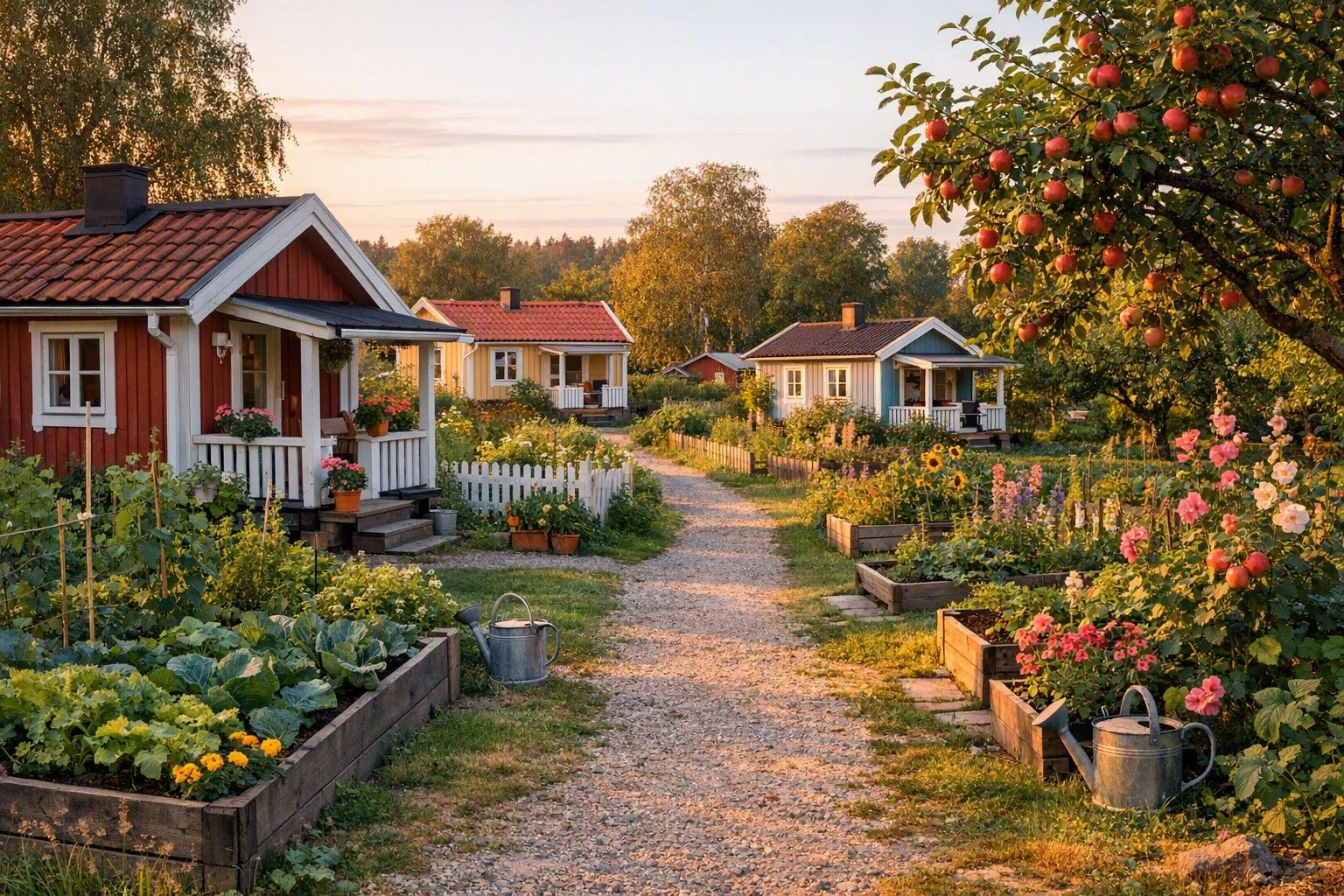 Kolonistugor med trädgårdar