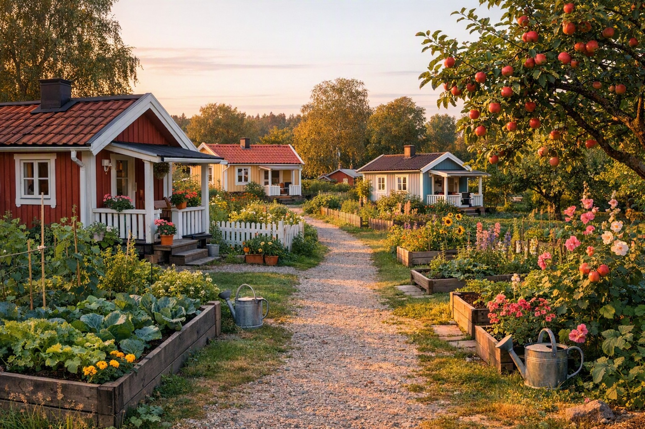 Kolonistugor med trädgårdar
