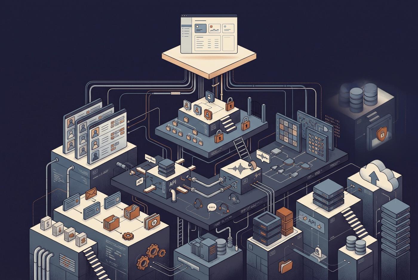 Simple software interface with hidden layers of permissions, APIs, databases and infrastructure underneath