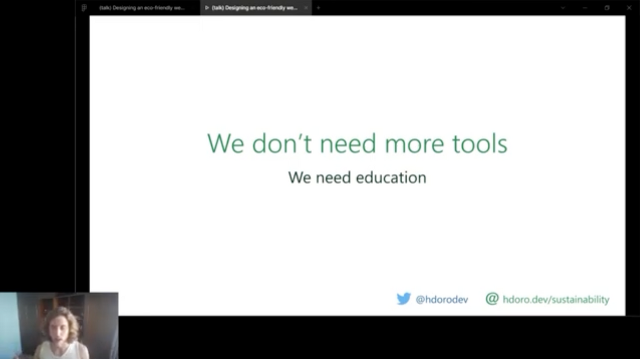 Screenshot of a slide with the phrase: "We don't need more tools. We need education"