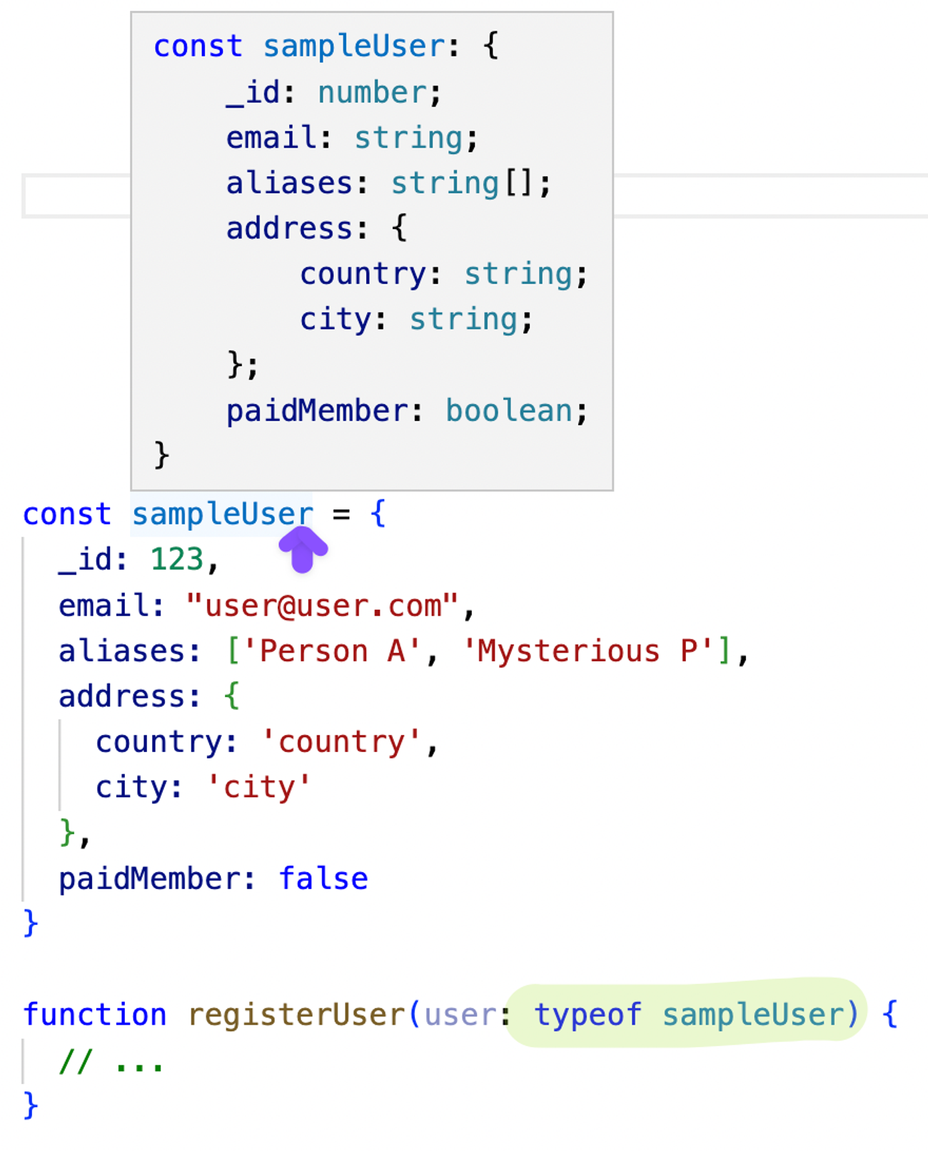 Screenshot of a code editor showing a `sampleUser` Javascript object being used in a function through `typeof sampleUser`