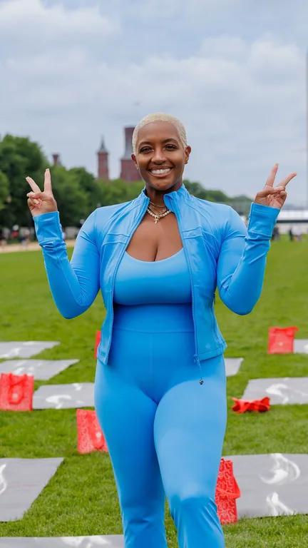 Tierra Briscoe smiling in a bright blue outfit and making peace signs on a lawn.