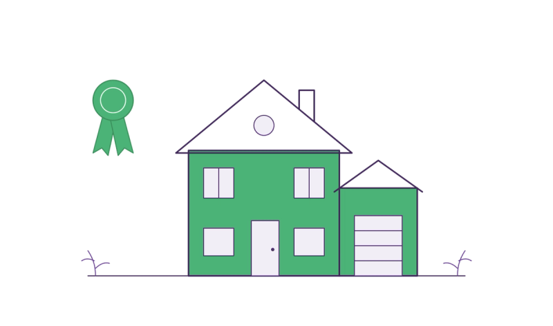 Line drawing of a two-story house with an attached garage beside an award rosette, illustrating Best Homeowners Insurance Companies of 2026