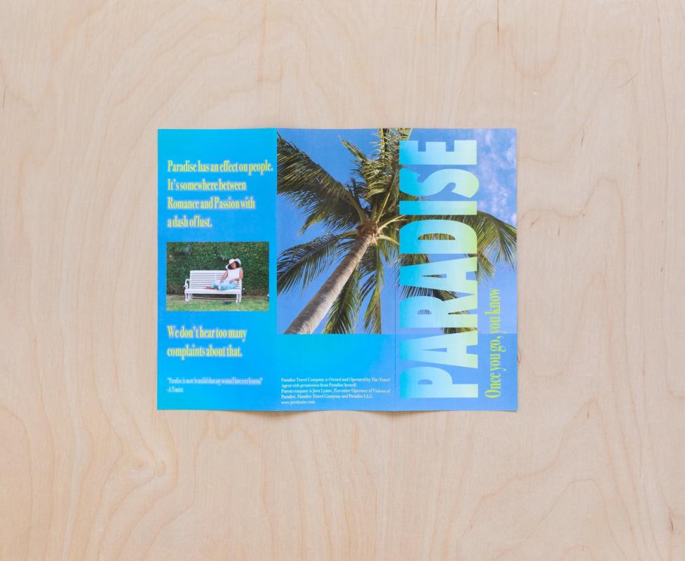 a blue brochure with a picture of a person sitting on a bench under a palm tree .