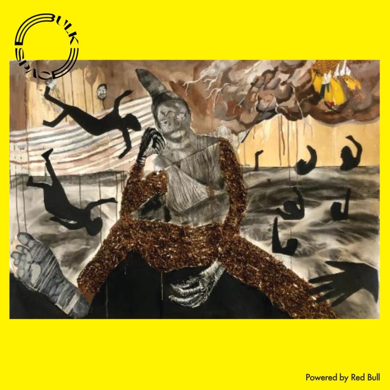 a painting of a man holding a microphone surrounded by falling people .