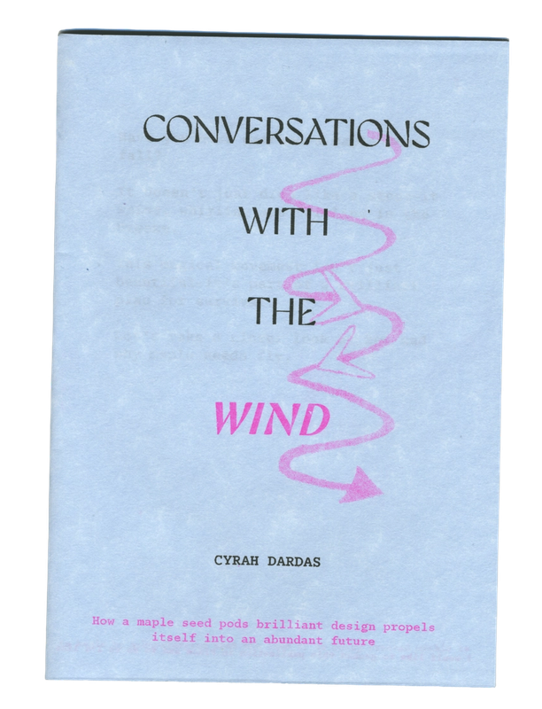 Light blue book cover for "Conversations with the Wind" by Cyrah Dardas, with a pink wavy line graphic and subtitle about maple seed pods.