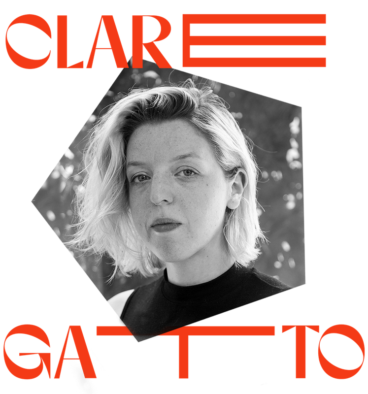 a black and white photo of a woman named clare gatto