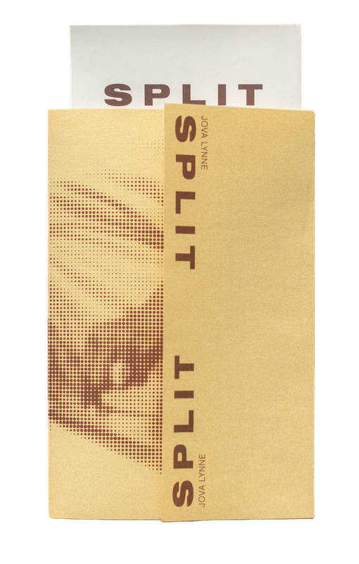 A tan-colored book with "SPLIT" vertically printed in brown and a halftone image of an eye, with a white book partially visible behind it also reading "SPLIT".