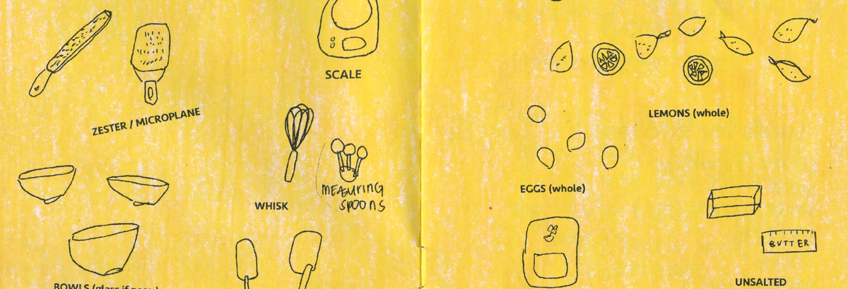 Hand-drawn yellow infographic listing baking tools and ingredients in categories: tools for all, ingredients for all, optional tools, and ingredients for some.