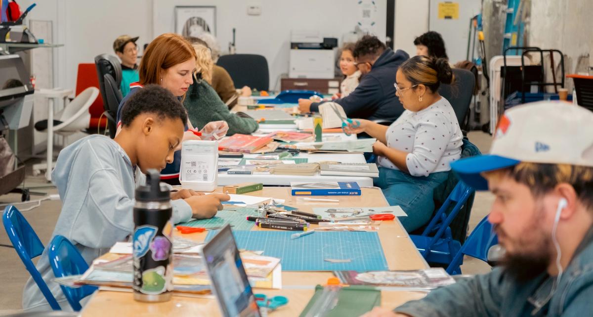 A diverse group of people works on crafts and laptops at long tables in a brightly lit workshop.