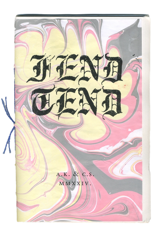 A book with a yellow, pink, gray, and white marbled cover featuring "TEND TEND" in black Gothic script, by A.K. & C.S., 2024, and bound with blue string.