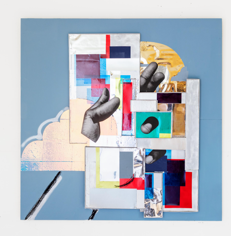 a collage of various colored squares and a hand on a blue background