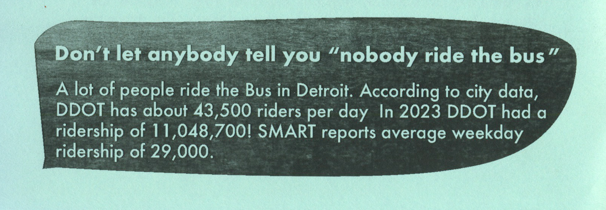 An open brochure titled "A few notes about the Bus in Detroit" (left page) and "Some other buses (& trains) around Detroit" (right page), detailing various public transit options.