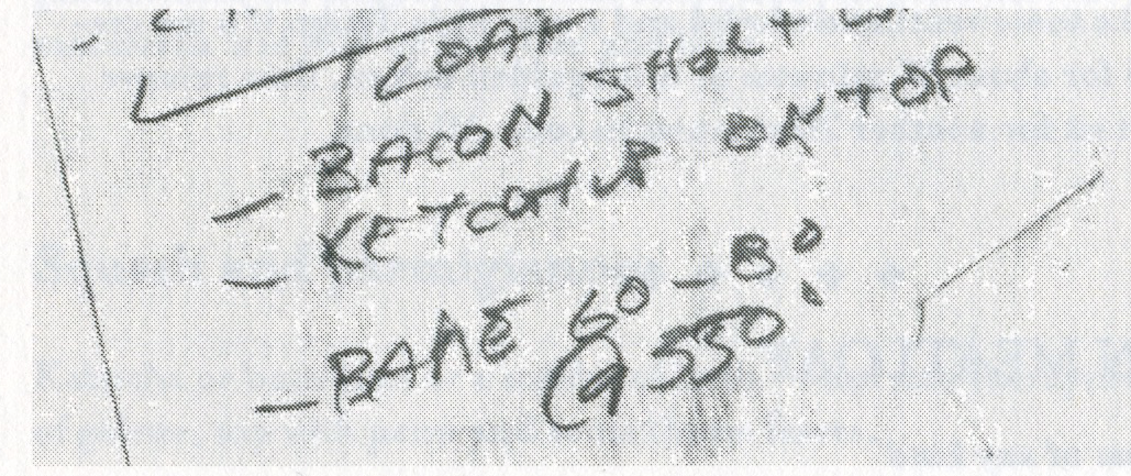 An open cookbook showing two recipes, one with handwritten notes like "BACON SKIRT" and "BAKE 60-80 @ 350", and the other for "Shepards Pie w/ Chicken".