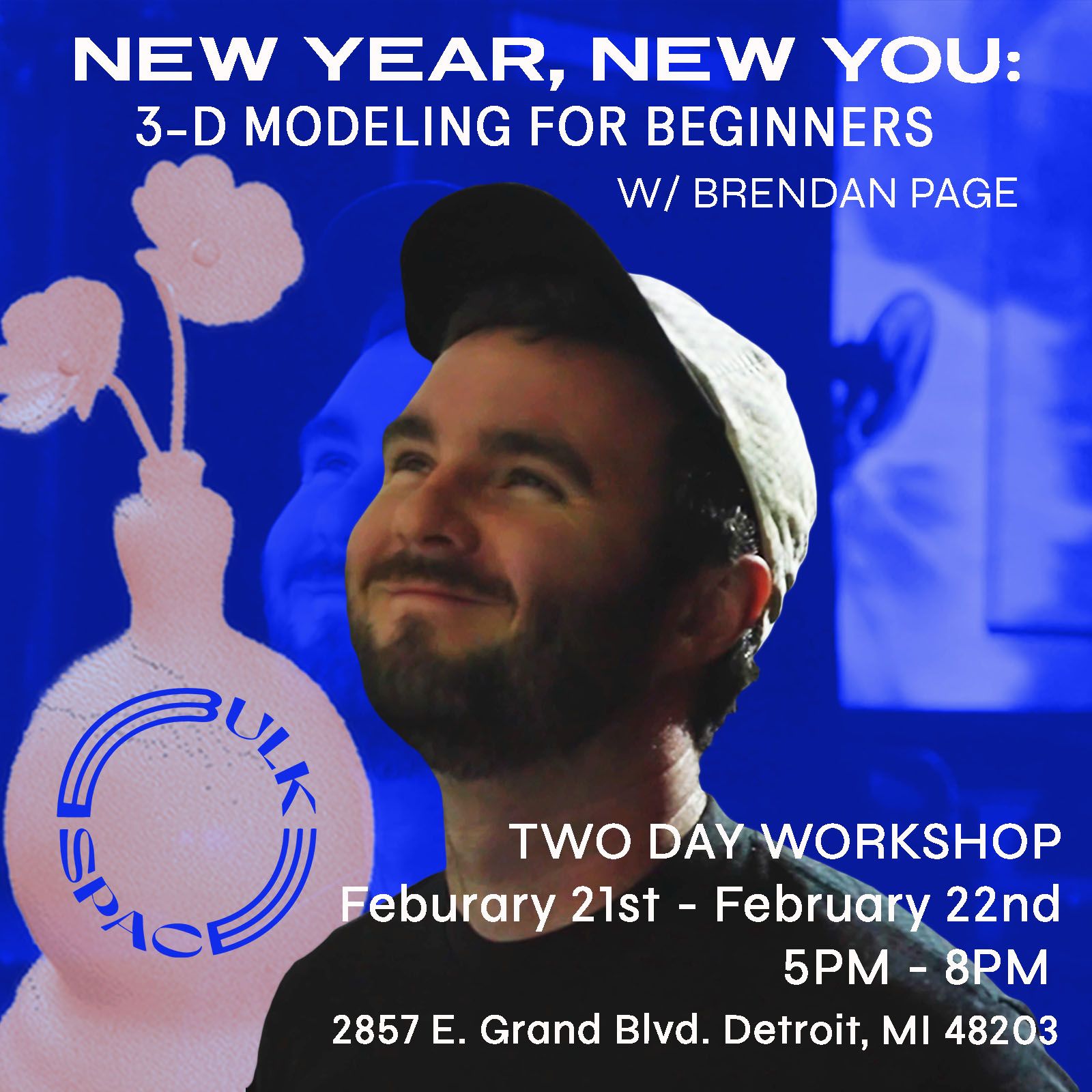 a man with a beard is on a poster for a workshop on february 21st