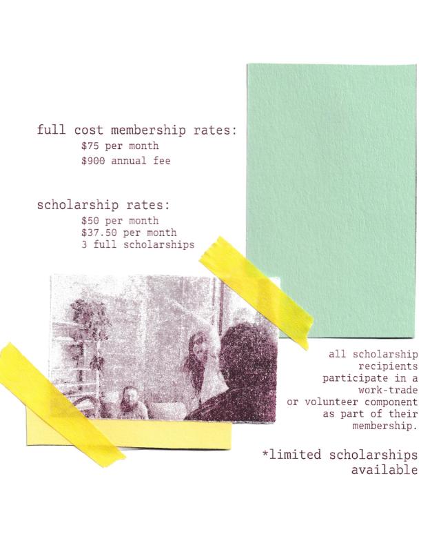 A collage providing membership and scholarship details, including work-trade requirements, featuring a grainy photo and green paper.