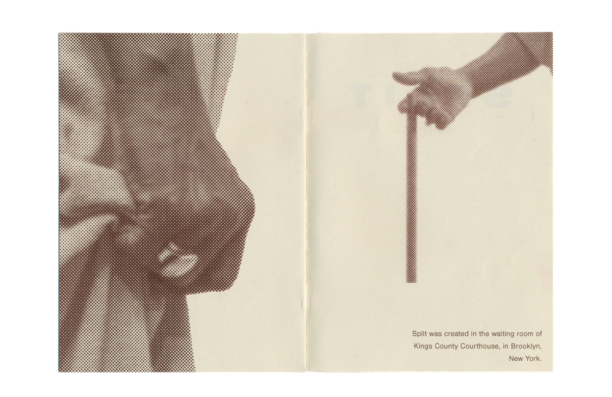 Open book with two sepia-toned halftone images: a hand gripping fabric on the left, and a hand holding a thin vertical stick on the right. Text on the right page states, "Split was created in the waiting room of Kings County Courthouse, in Brooklyn, New York."