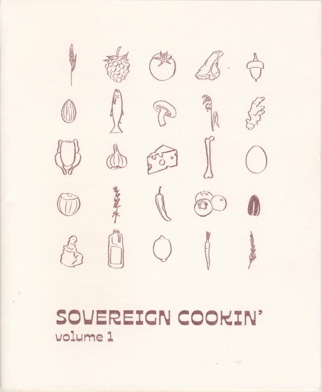 A grid of brown line-art illustrations of various food ingredients on a light background, with the text "SOVEREIGN COOKIN' volume 1" below.