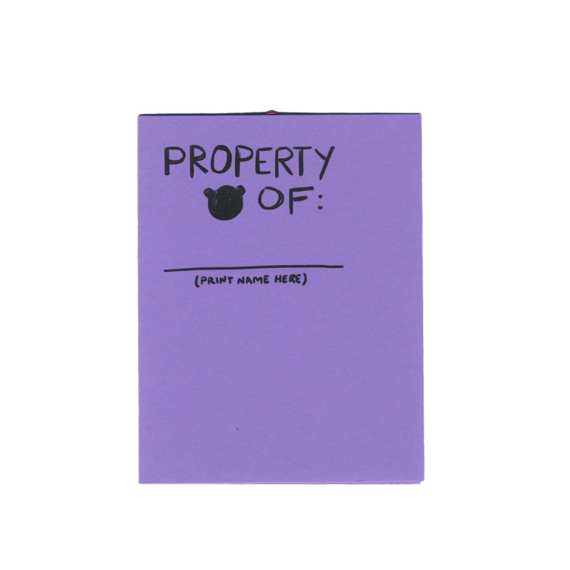 A purple sticky note with a black bear head icon and "PROPERTY OF: (PRINT NAME HERE)" text.
