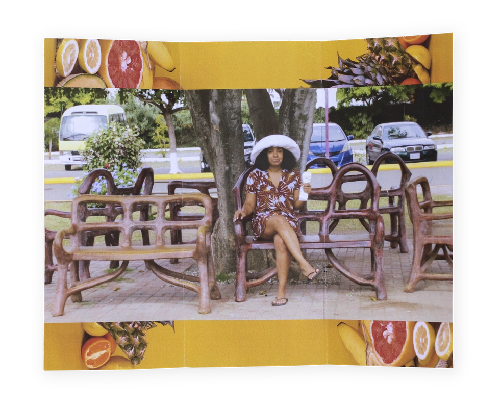 A woman in a white hat and patterned dress sits on a bench under a tree, framed by yellow borders with fruit images.