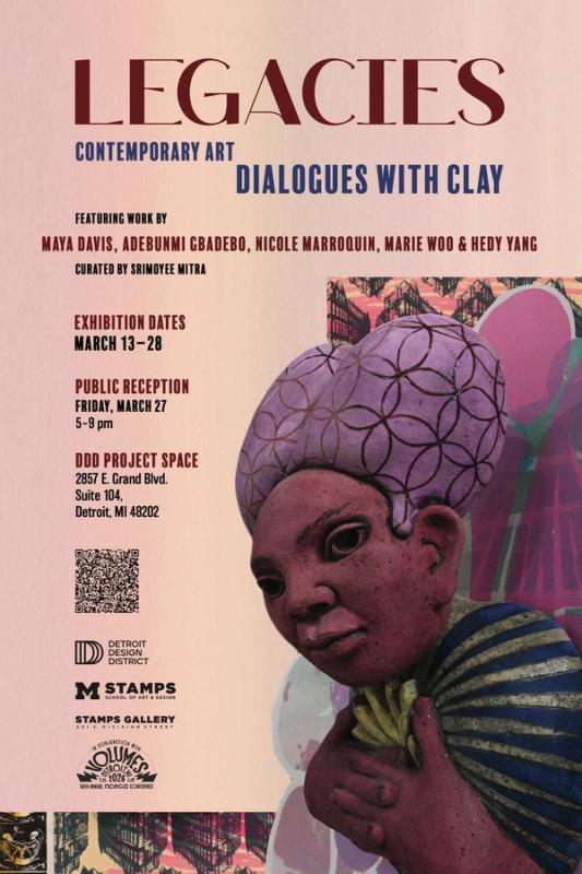 Exhibition poster for "LEGACIES Contemporary Art Dialogues with Clay," featuring a dark red clay bust of a person with a purple patterned head covering.